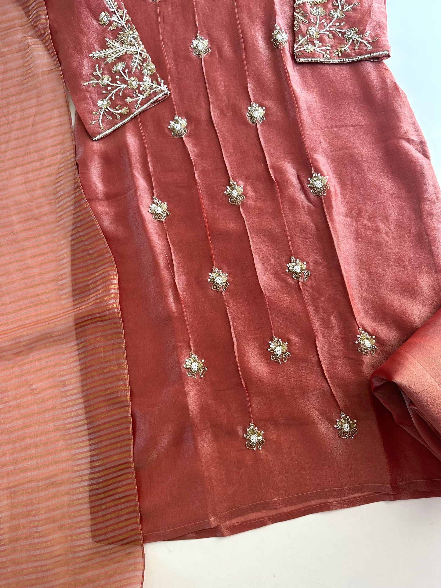 K297 - Tissue silk handwork straight kurti with pants and dupatta