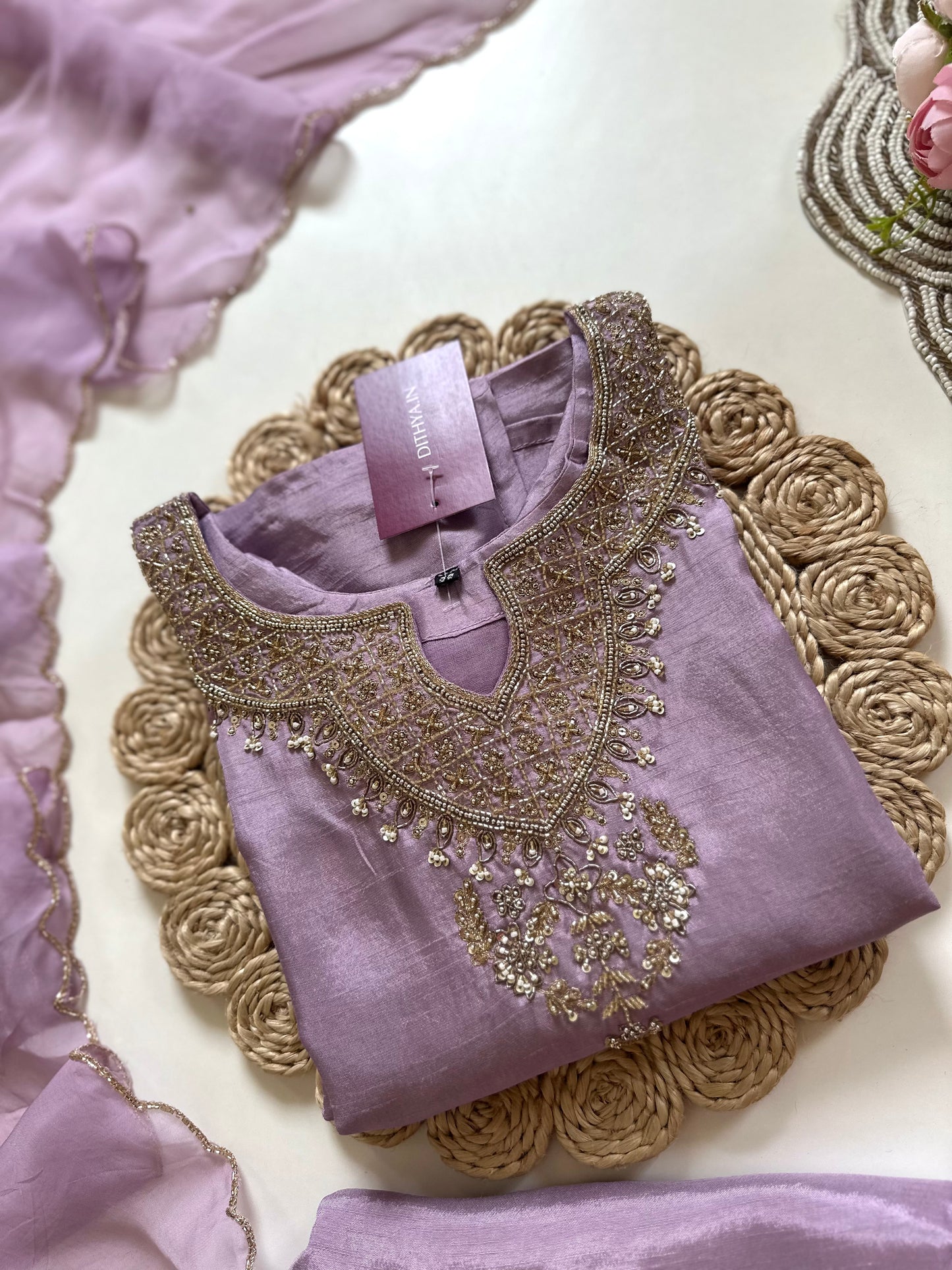 K297 - Dola silk handwork Straight kurti with palazzo and dupatta