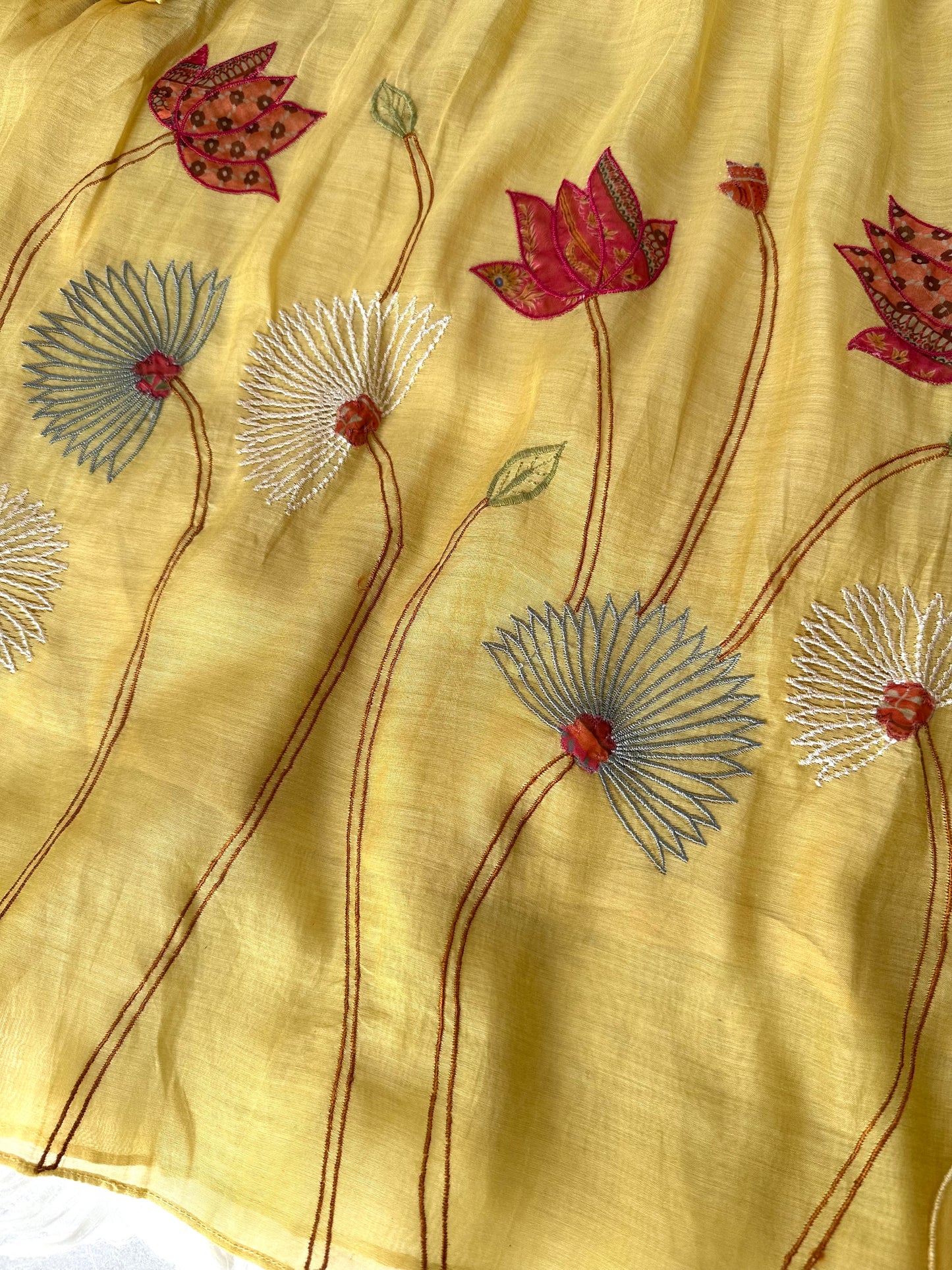 K304 - Mul Chanderi appliqué work Aline Kurti with pants and dupatta in 2 colours