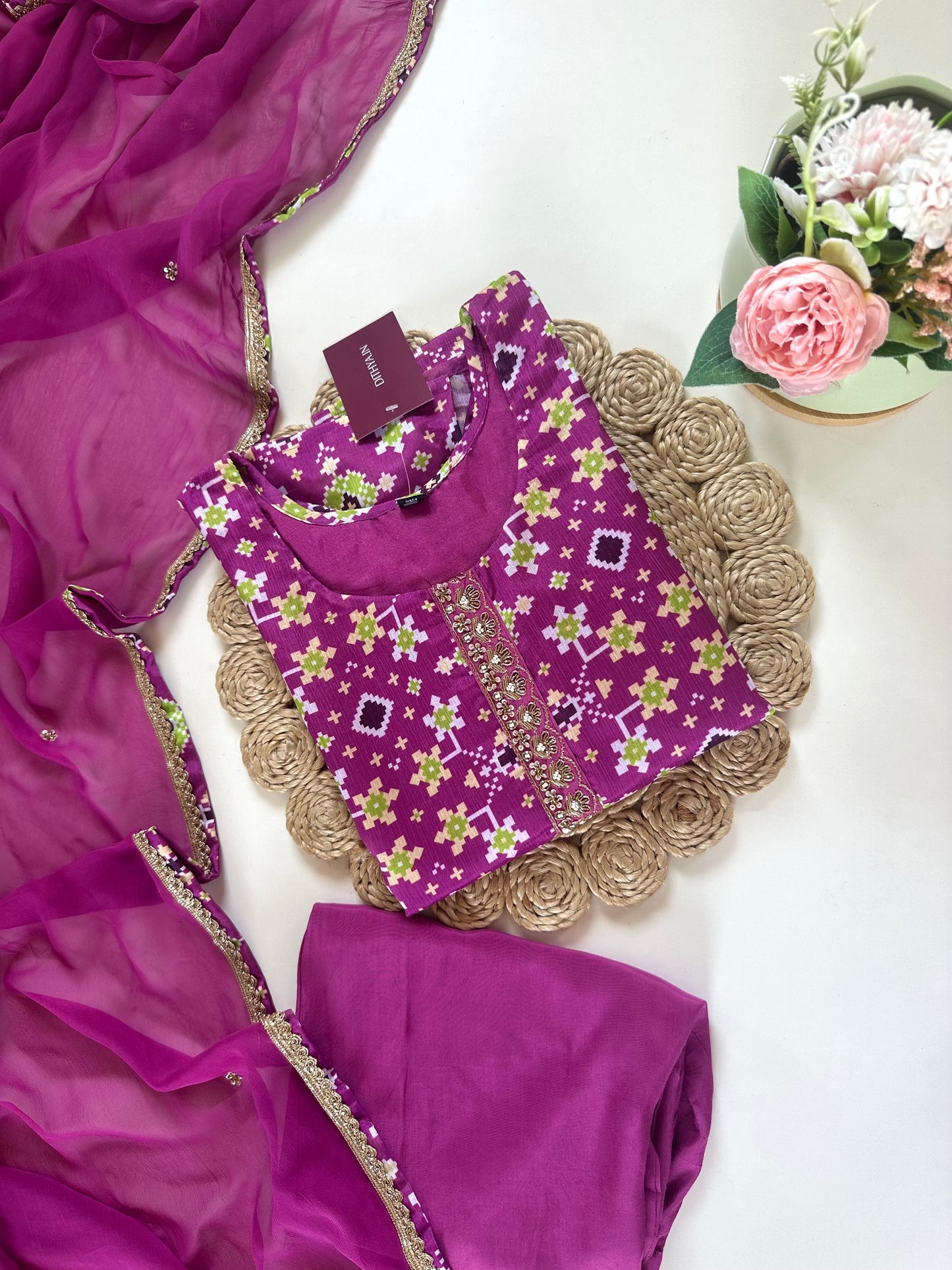 K430 - Viscose organza patola print straight Kurti with pants and dupatta