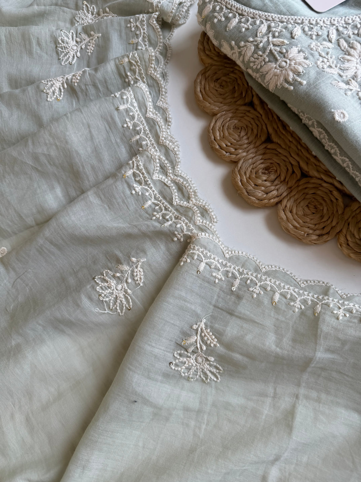 K698 - Crushed mul chanderi embroidered straight Kurti with pants and dupatta