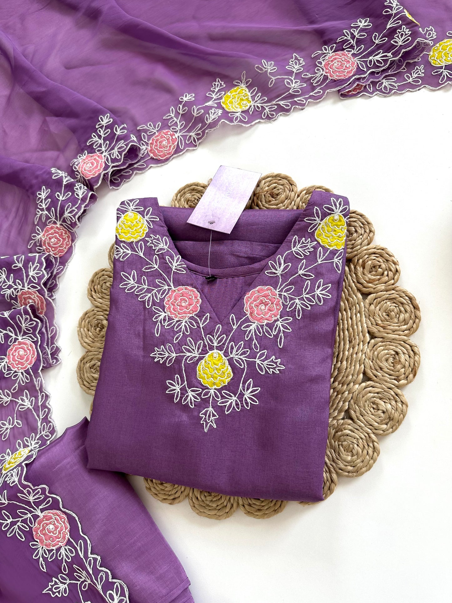 K361 - Russian silk appliqué work straight Kurti with pants and Dupatta in 2 colours