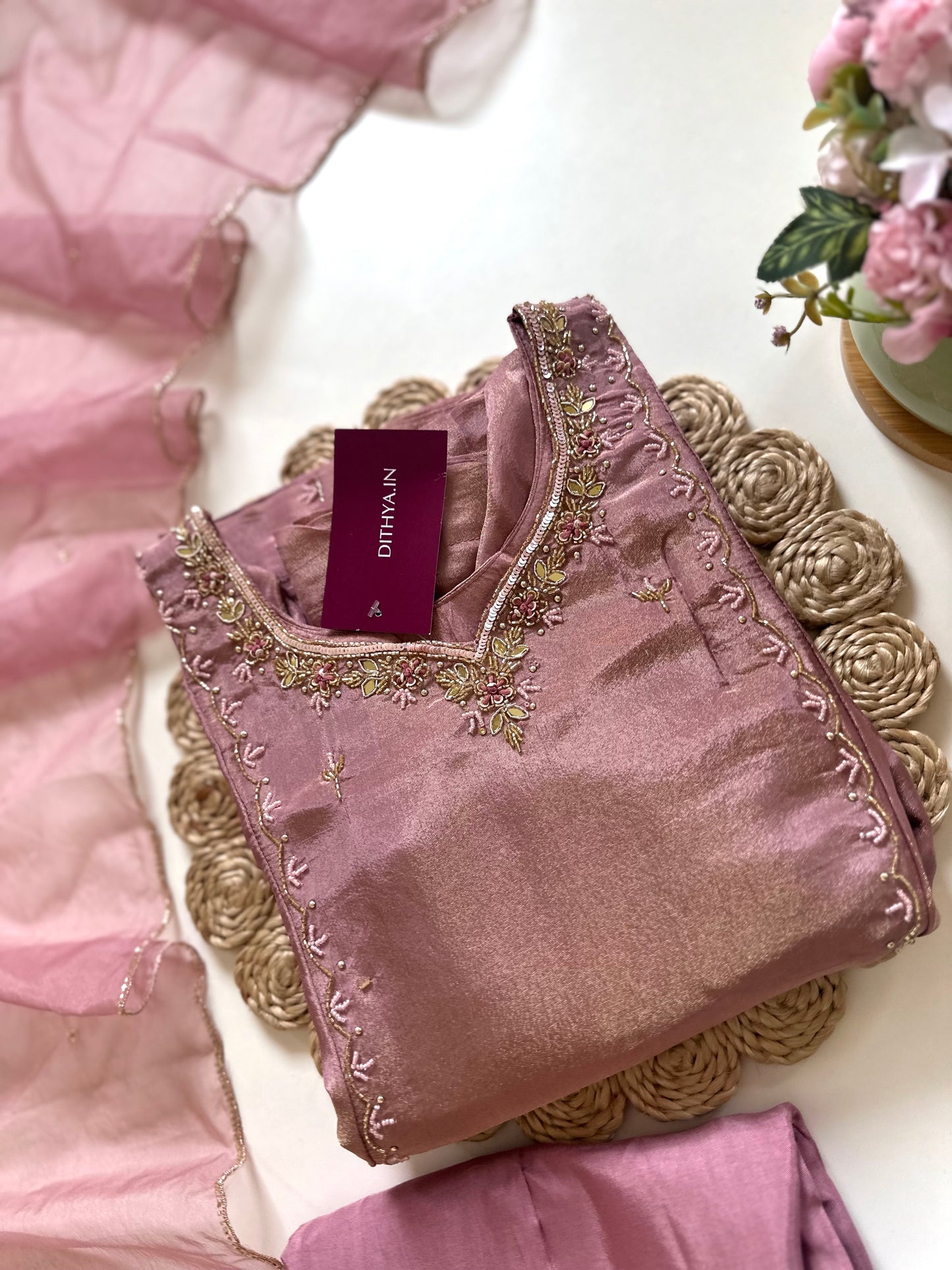 K280 - Tissue silk handwork Anarkali with pants and dupatta in 2 colours .