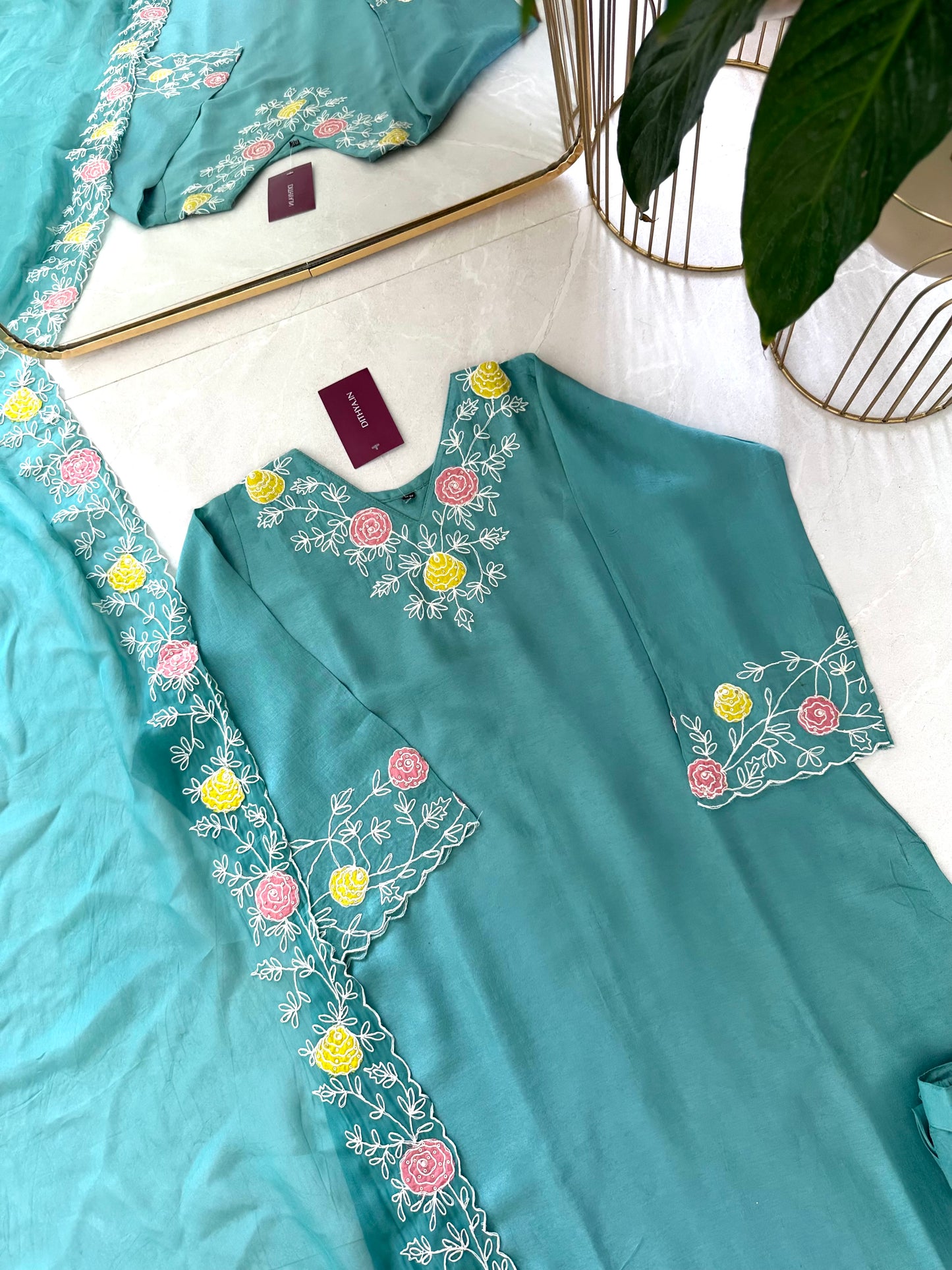 K361 - Russian silk appliqué work straight Kurti with pants and Dupatta in 2 colours