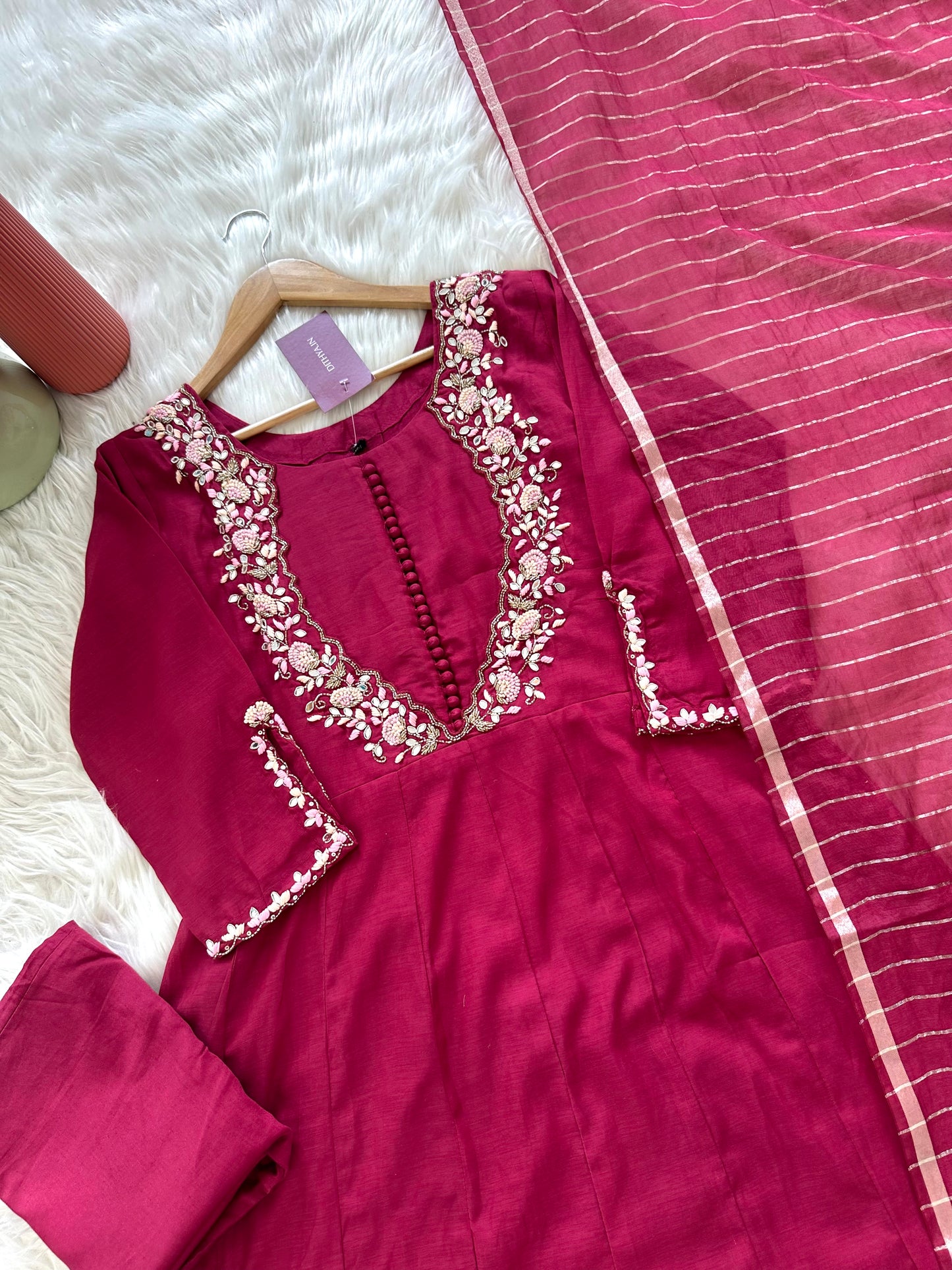 K235 - Mul chanderi handwork Aline Kurti with pants and dupatta