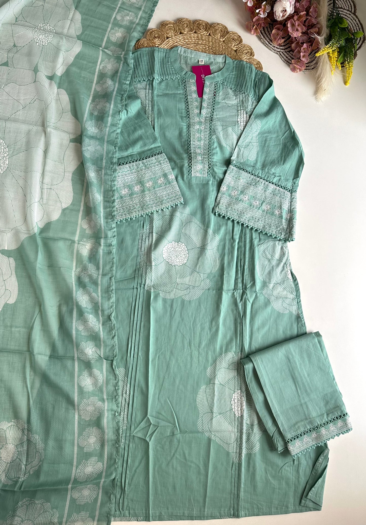 K447 - Mul Cotton embroidered straight Kurti with pants and dupatta