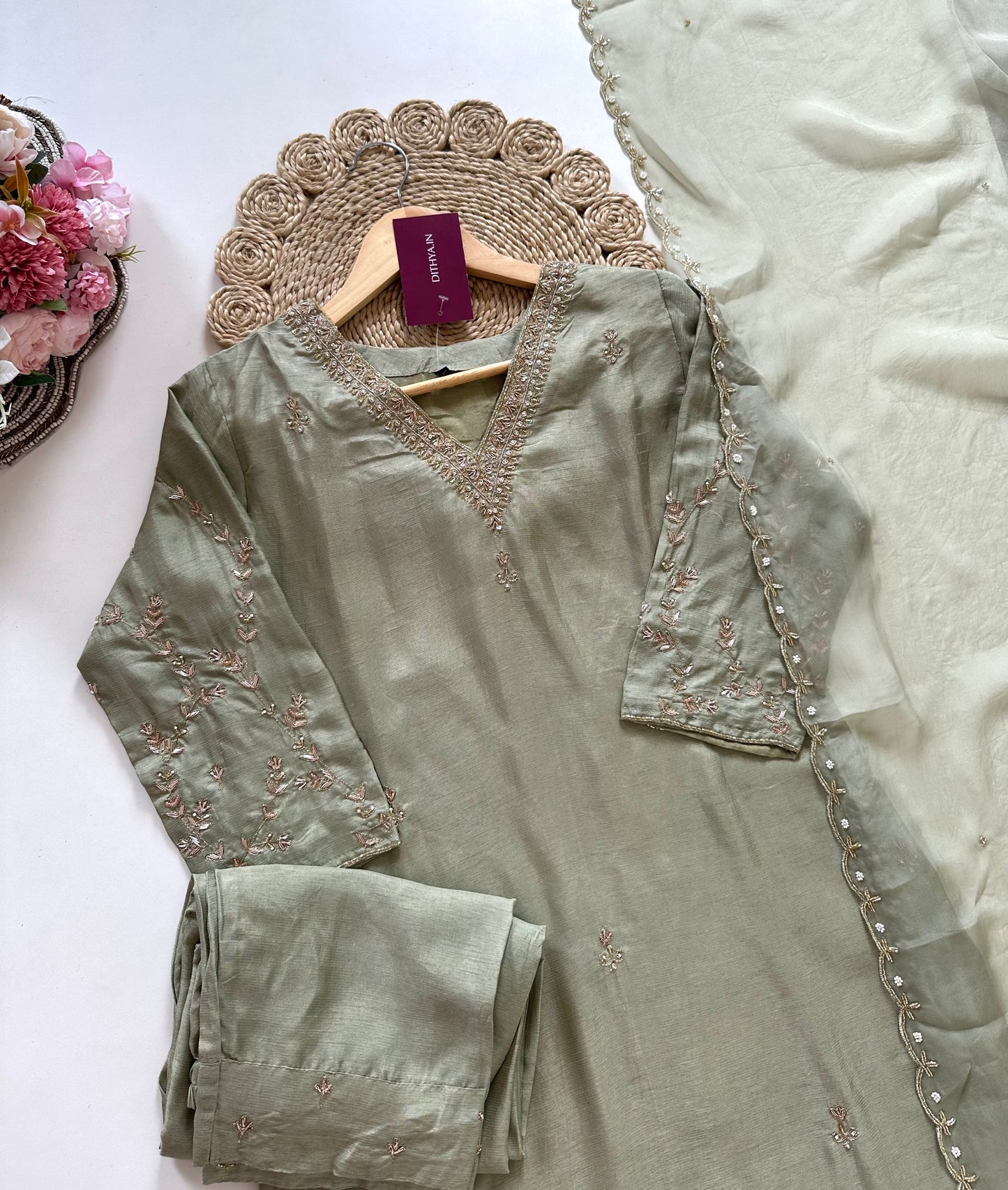 K291 - Russian silk handwork Straight kurti with pants and dupatta