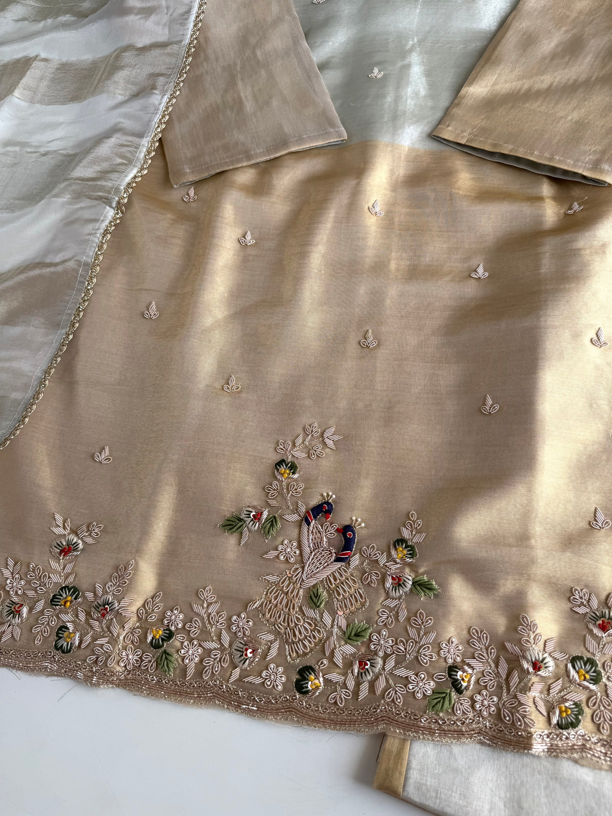 K570 - Tissue silk handwork short Kurti with divider pants and dupatta