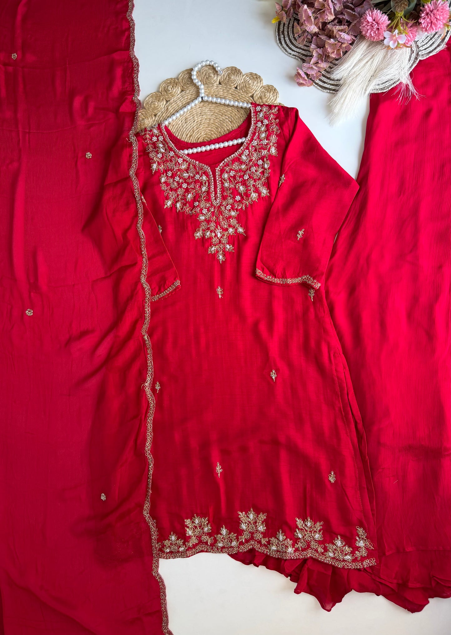 K501 - Russian silk handwork short Kurti with palazzo and dupatta