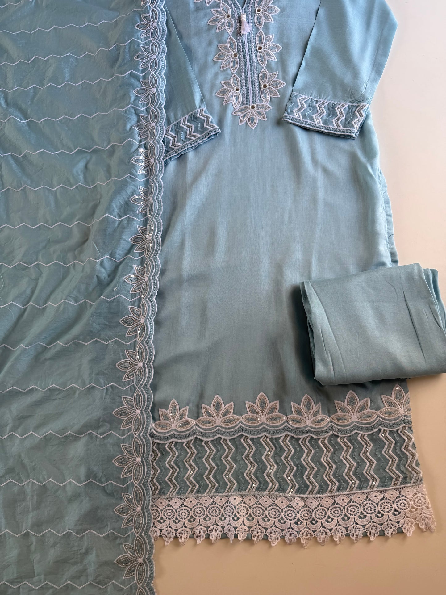 K377 - Muslin embroidered straight Kurti with pants and dupatta