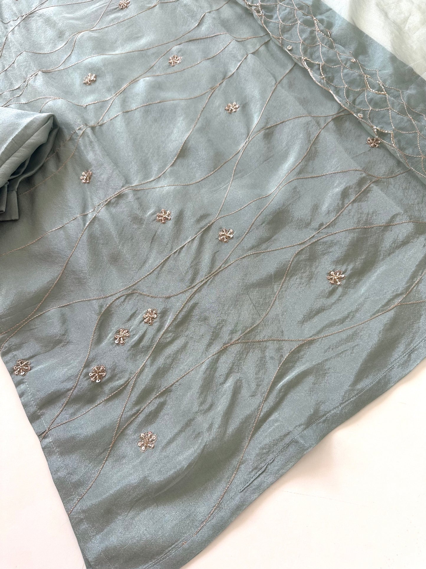 K131 - Tissue silk Zari handwork straight kurti with pants and dupatta .