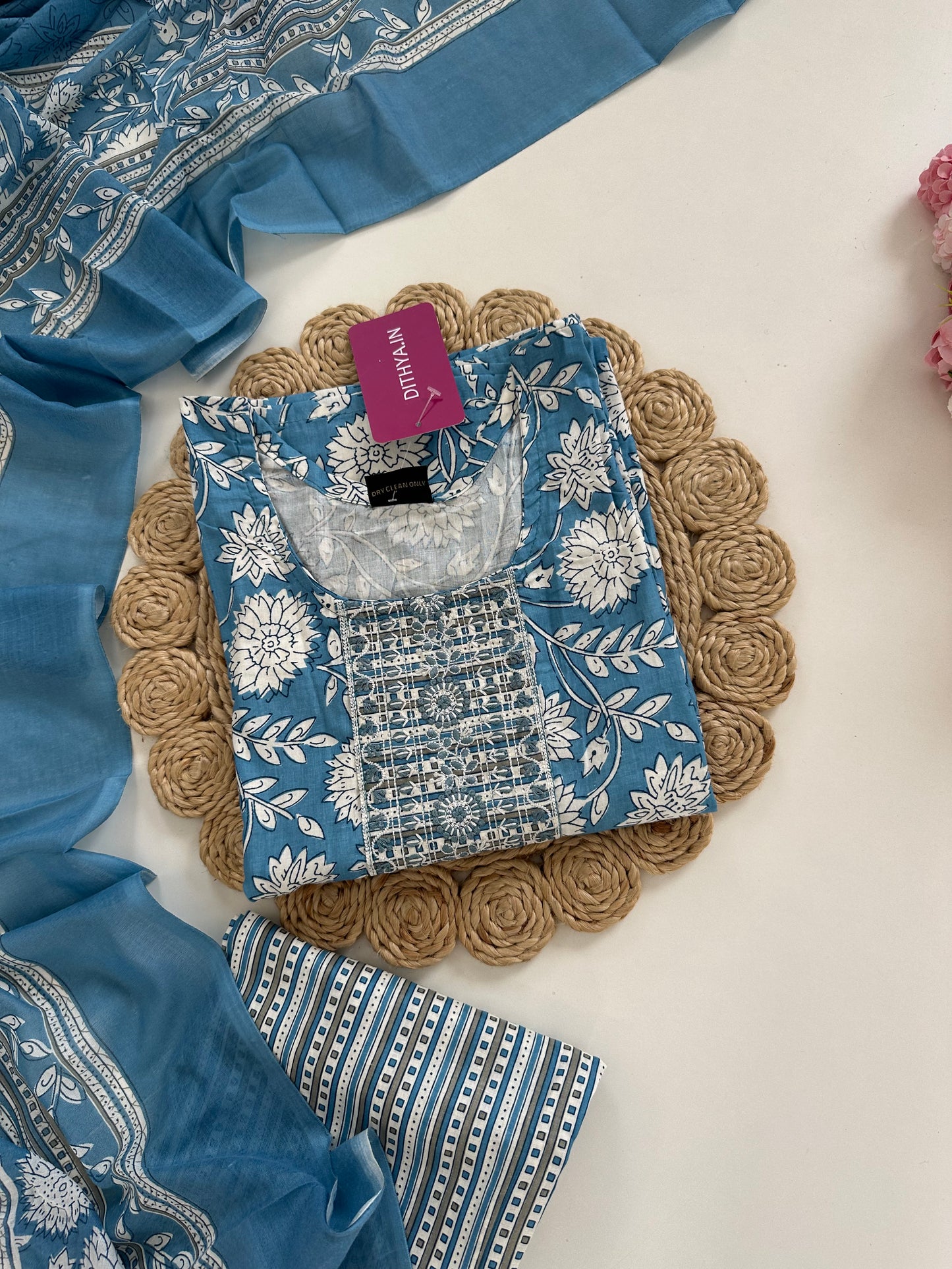 K352 - Cotton floral straight Kurti with pants and dupatta
