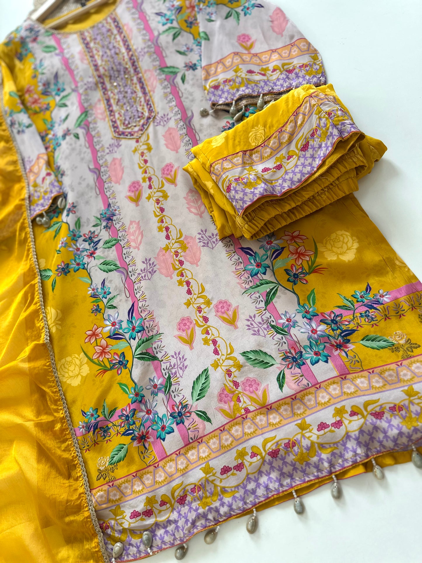 K070 - Pure crepe floral printed Aline Kurti with pants and dupatta