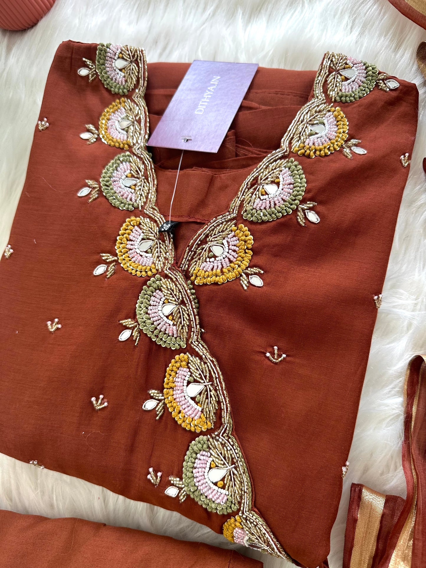 K049 - Mul Chanderi handwork Angrakha Anarkali with pants and dupatta