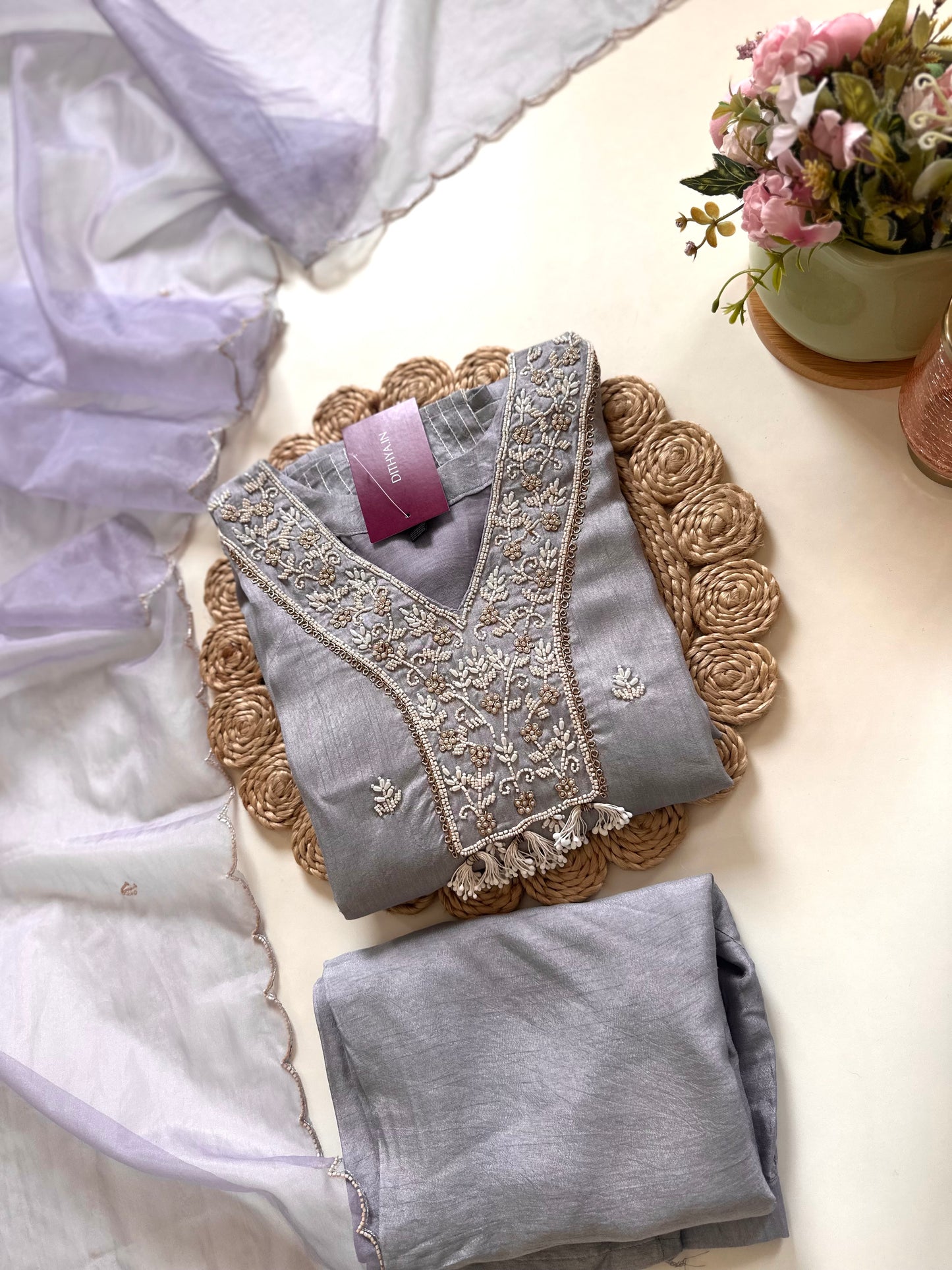 K130 - Russian silk Handwork straight kurti with pants and dupatta .