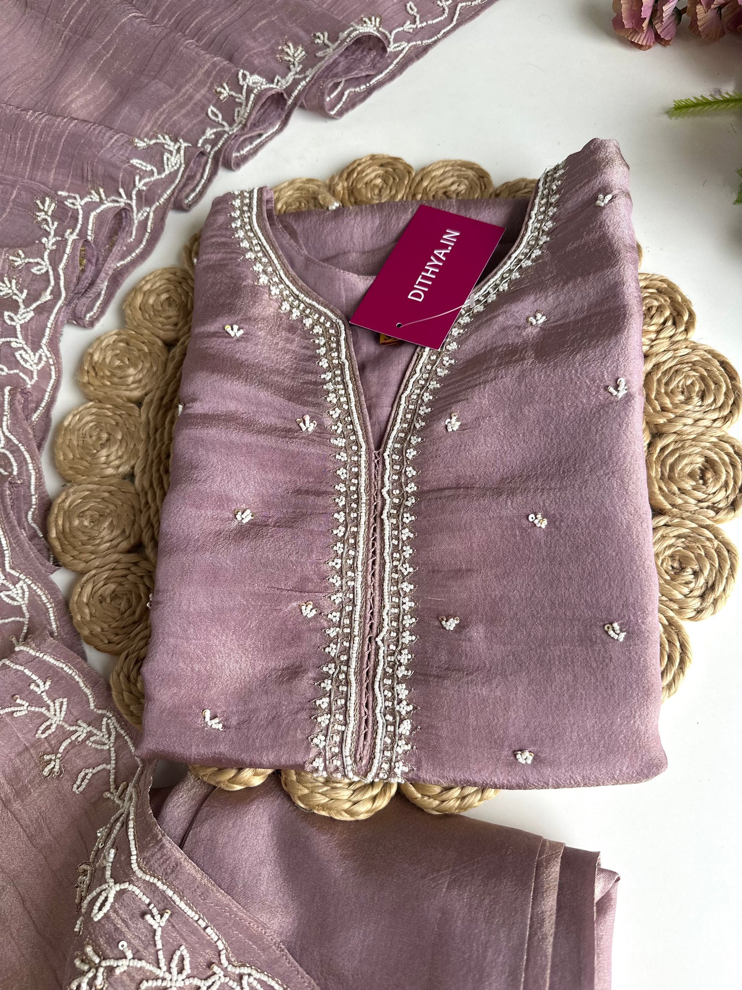 K020 - Tissue silk pearl work straight Kurti with pants and dupatta