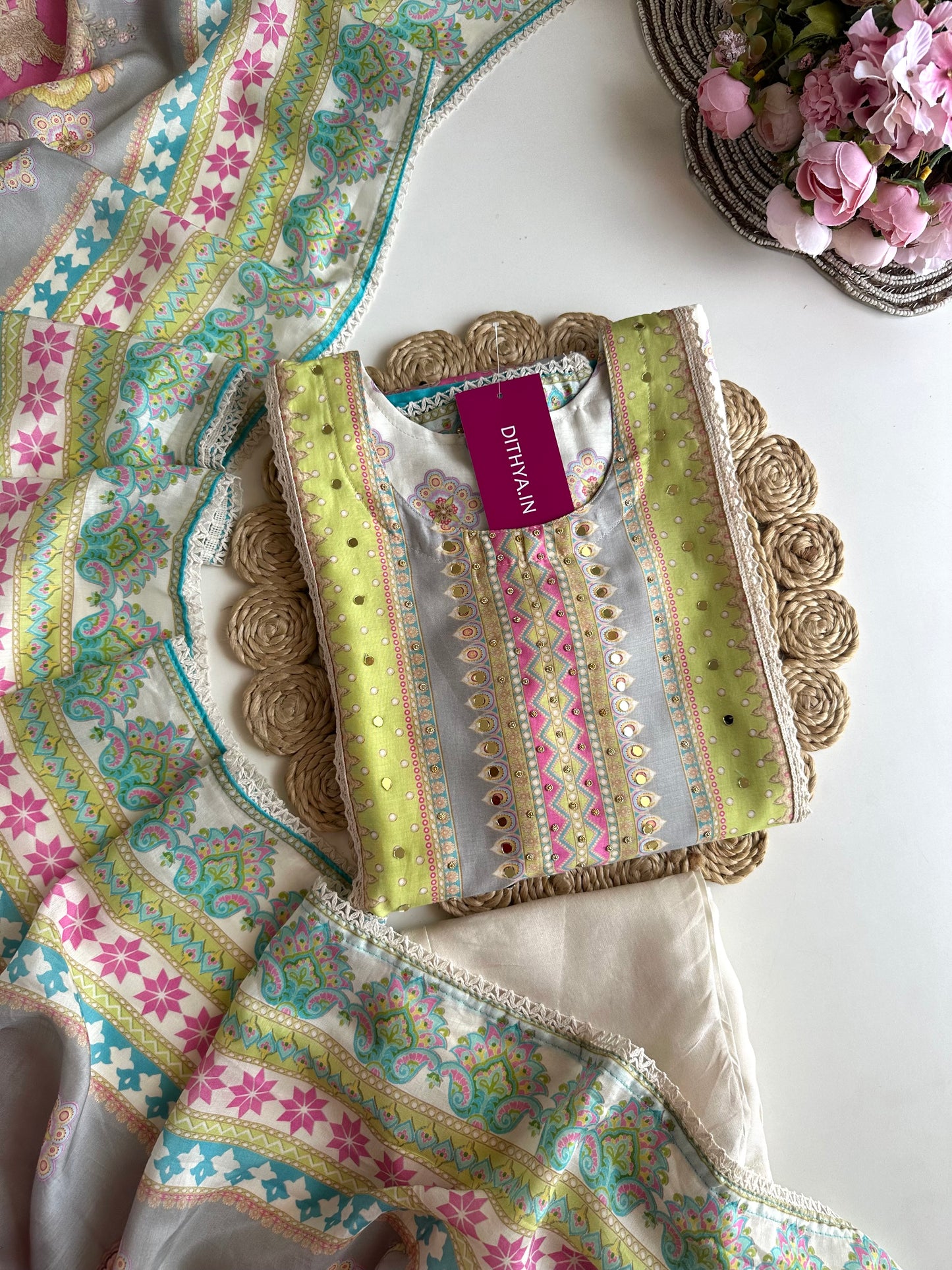 K210 - Pure muslin handwork straight Kurti with pants and dupatta