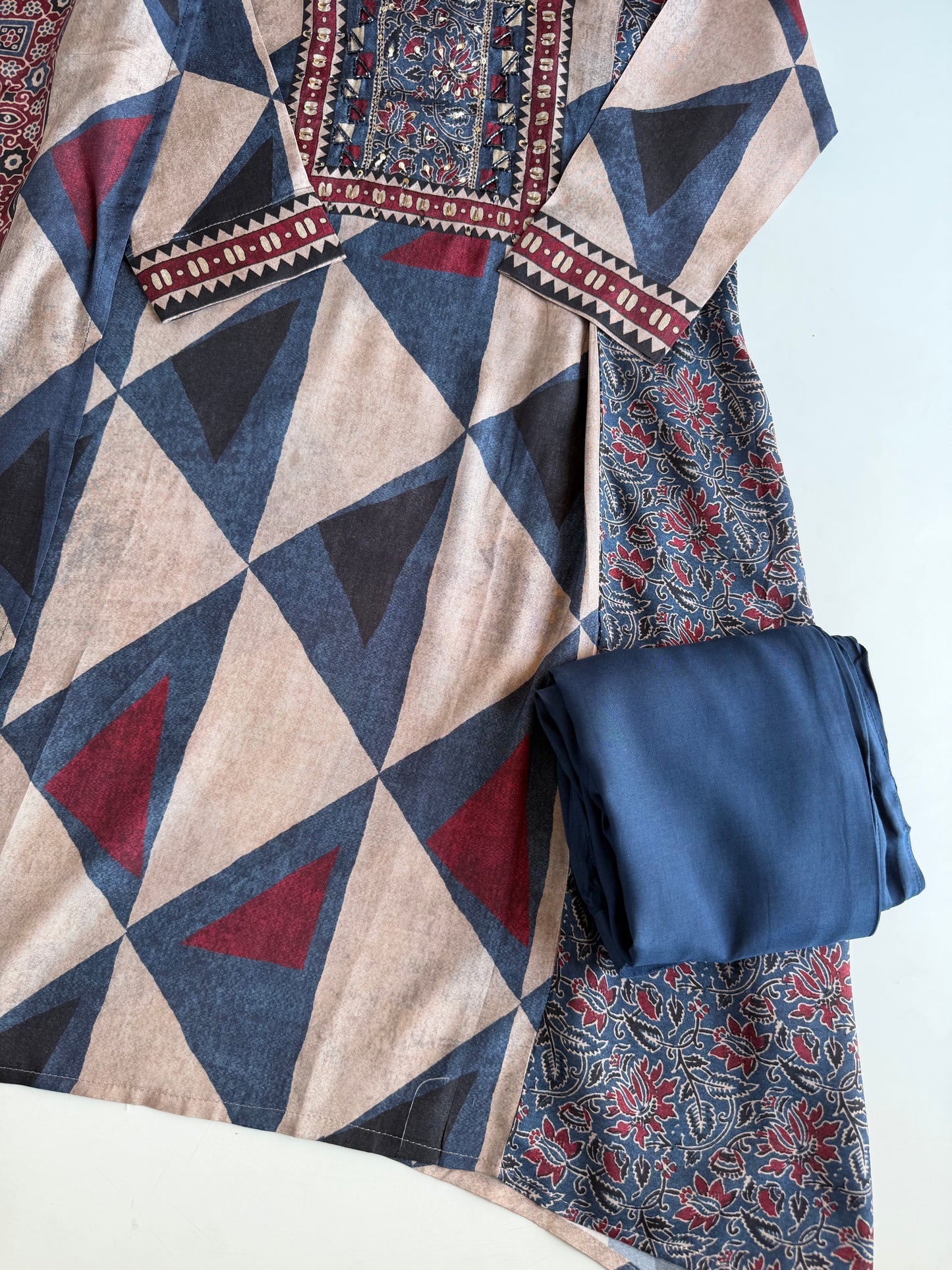 K413 - Pure muslin ajrakh Aline Kurti with pants and dupatta