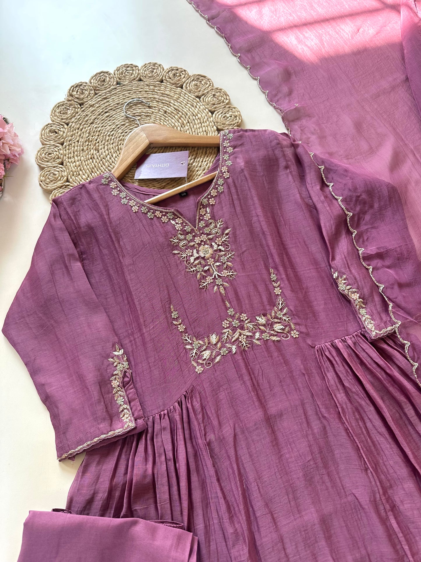 K247 - Mul Chanderi Zardosi Aline Kurti with pants and dupatta .