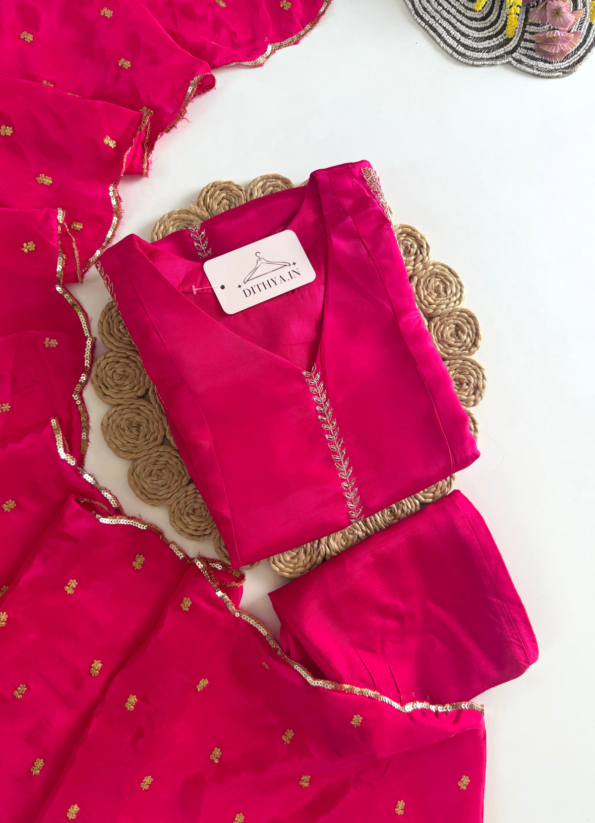K596 - Pure Ho silk handwork aline Kurti with pants and dupatta