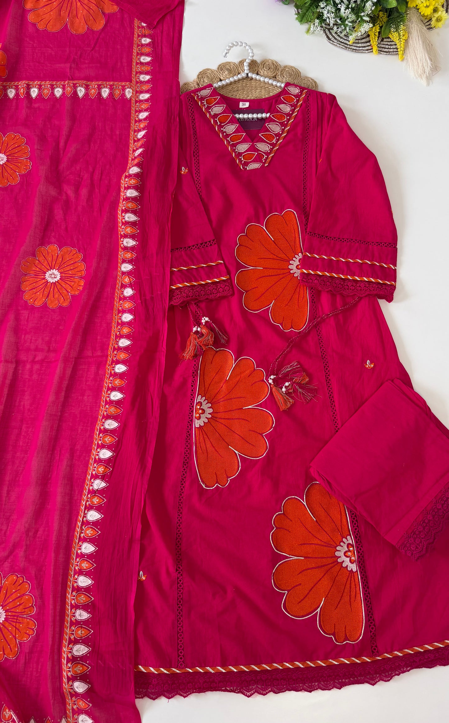 K531 - Mul Cotton embroidered aline Kurti with pants and dupatta