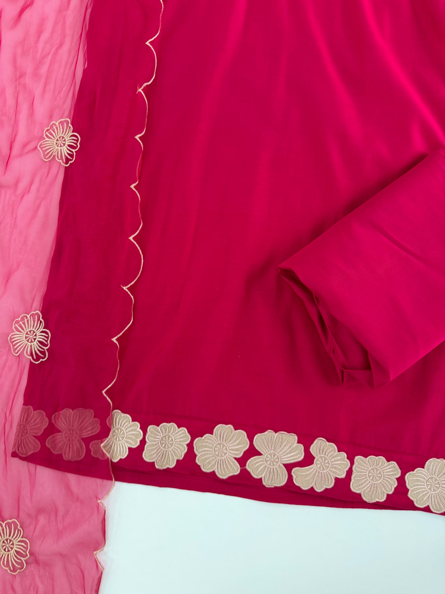 K568 - Rayon silk appliqué work straight Kurti with pants and dupatta in 2 colours