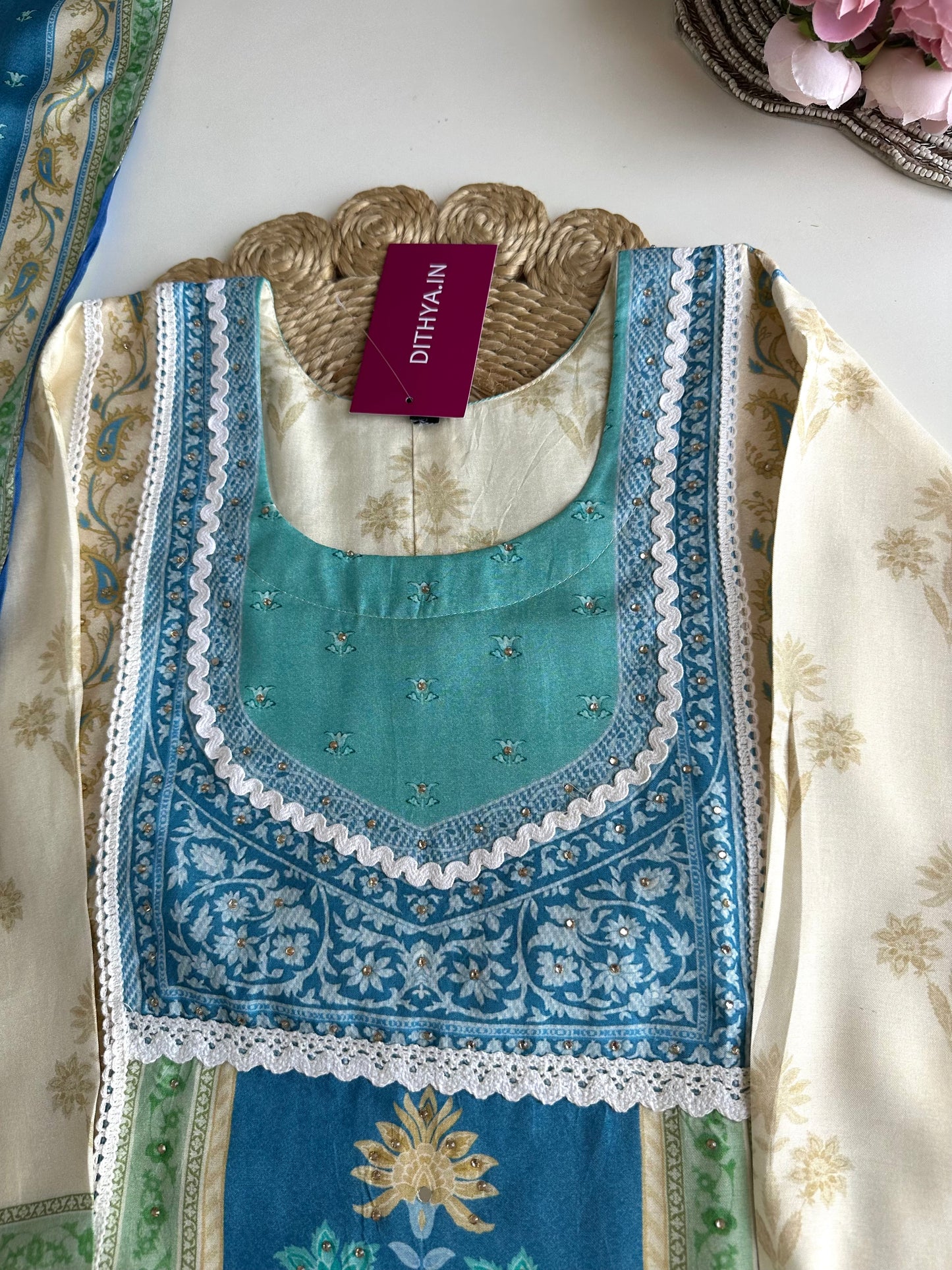 K230 - Pure muslin handwork straight Kurti with pants and dupatta