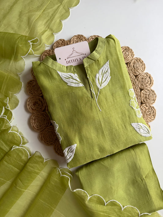 K537 - Mul chanderi appliqué work aline Kurti with pants and dupatta in 2 colours