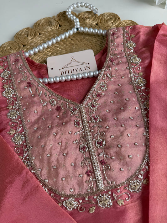 K179 - Tissue silk handwork short Kurti with divider pants