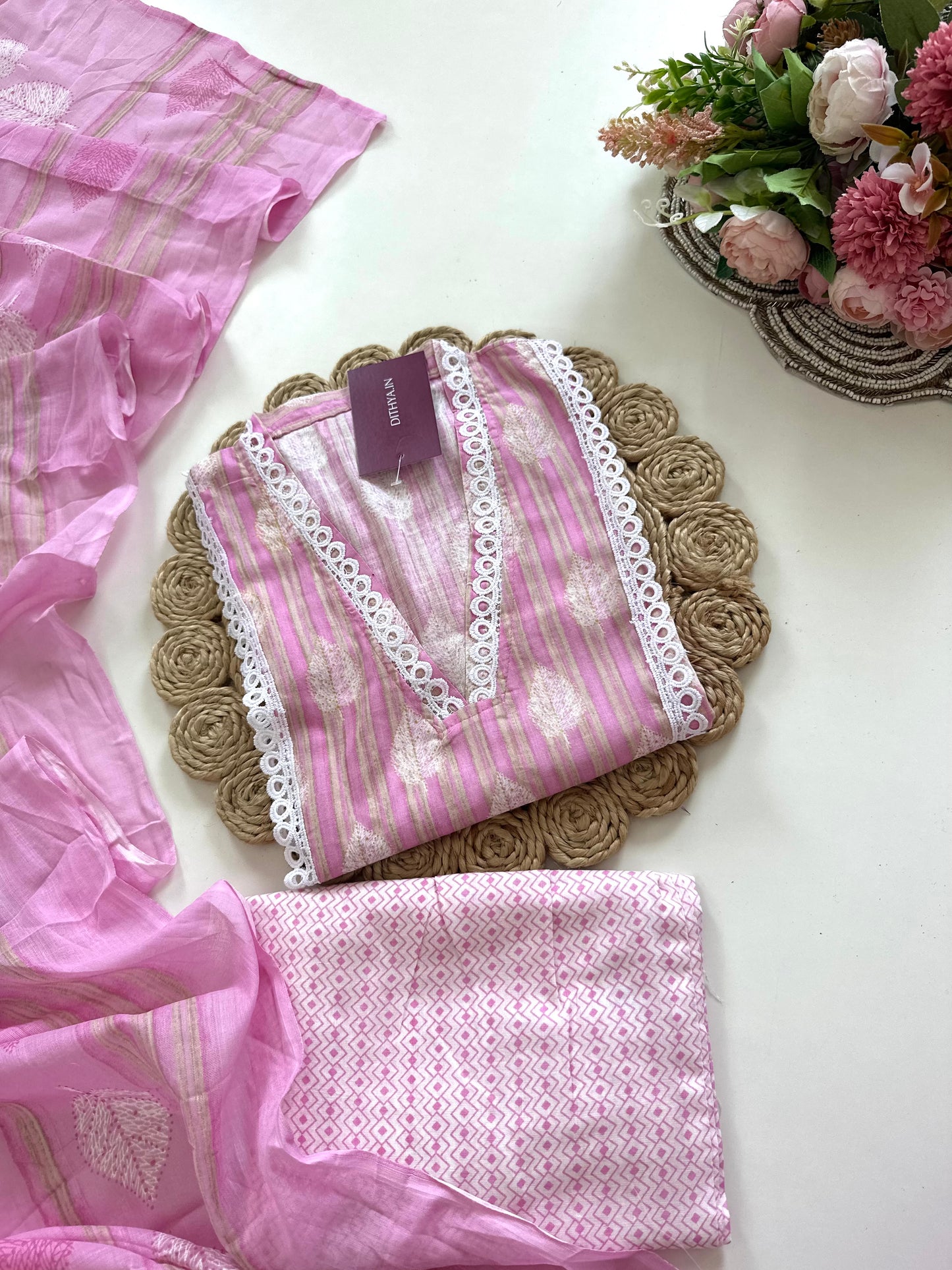 K096 - Cotton Lace work straight kurti with pants and dupatta in 2 colours