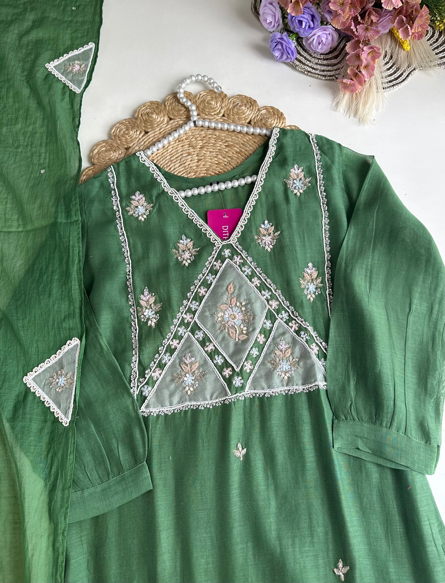 K329 - Mul Chanderi handwork straight Kurti with pants and dupatta