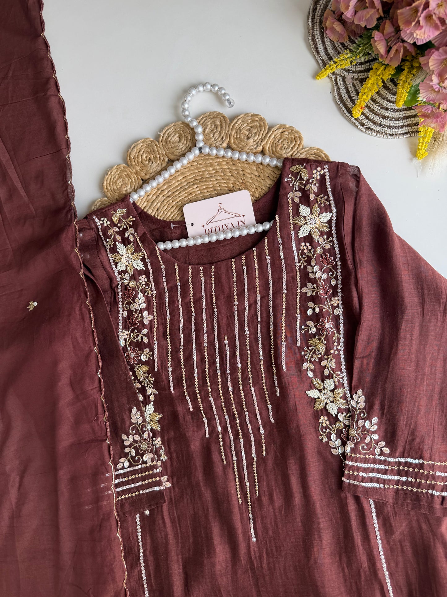 K443 - Mul chanderi handwork Aline Kurti with pants and dupatta