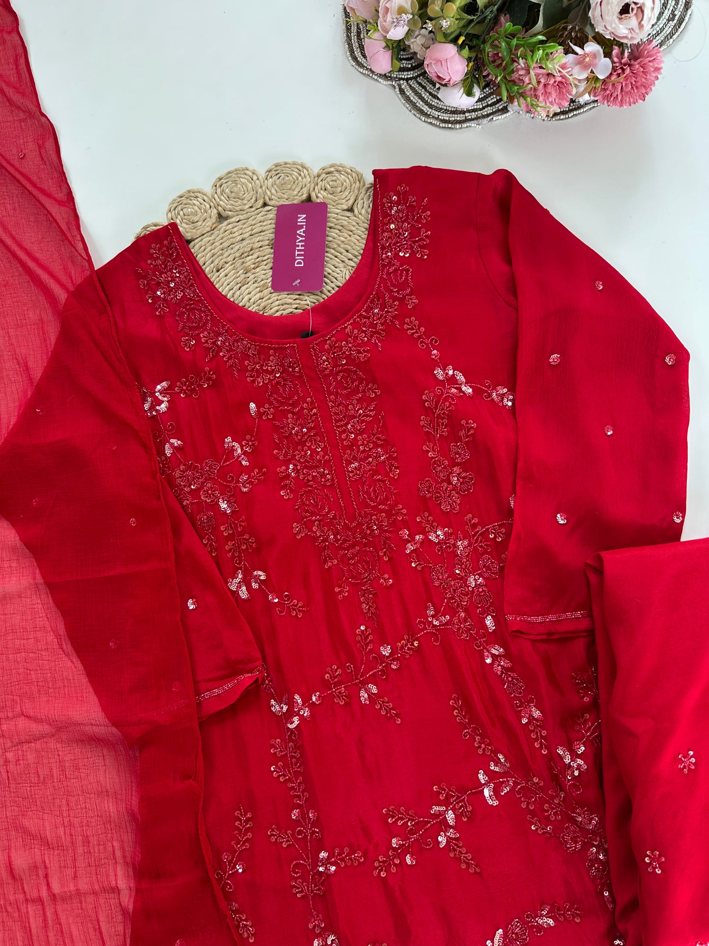 K256 - Chinnon Handwork Kurti with palazzo pants and chiffon dupatta