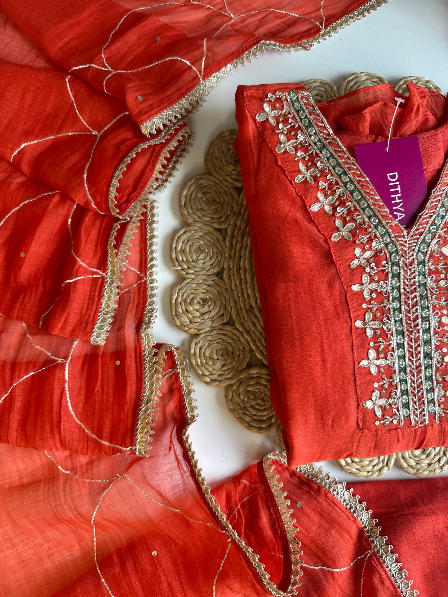 K069 - Mul chanderi handwork Aline Kurti with pants and dupatta