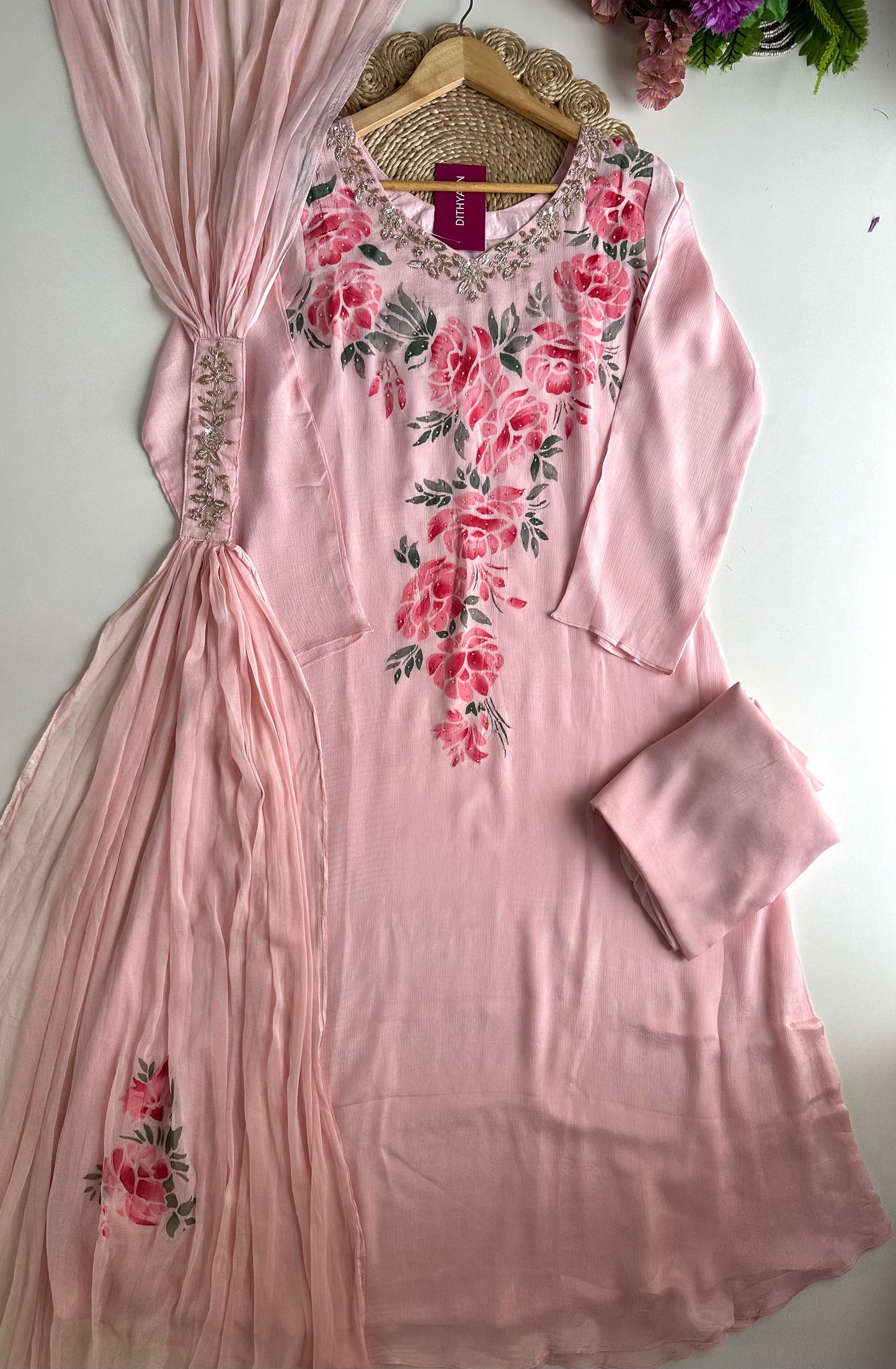 K395 - Chinnon Handwork Aline Kurti with pants and dupatta