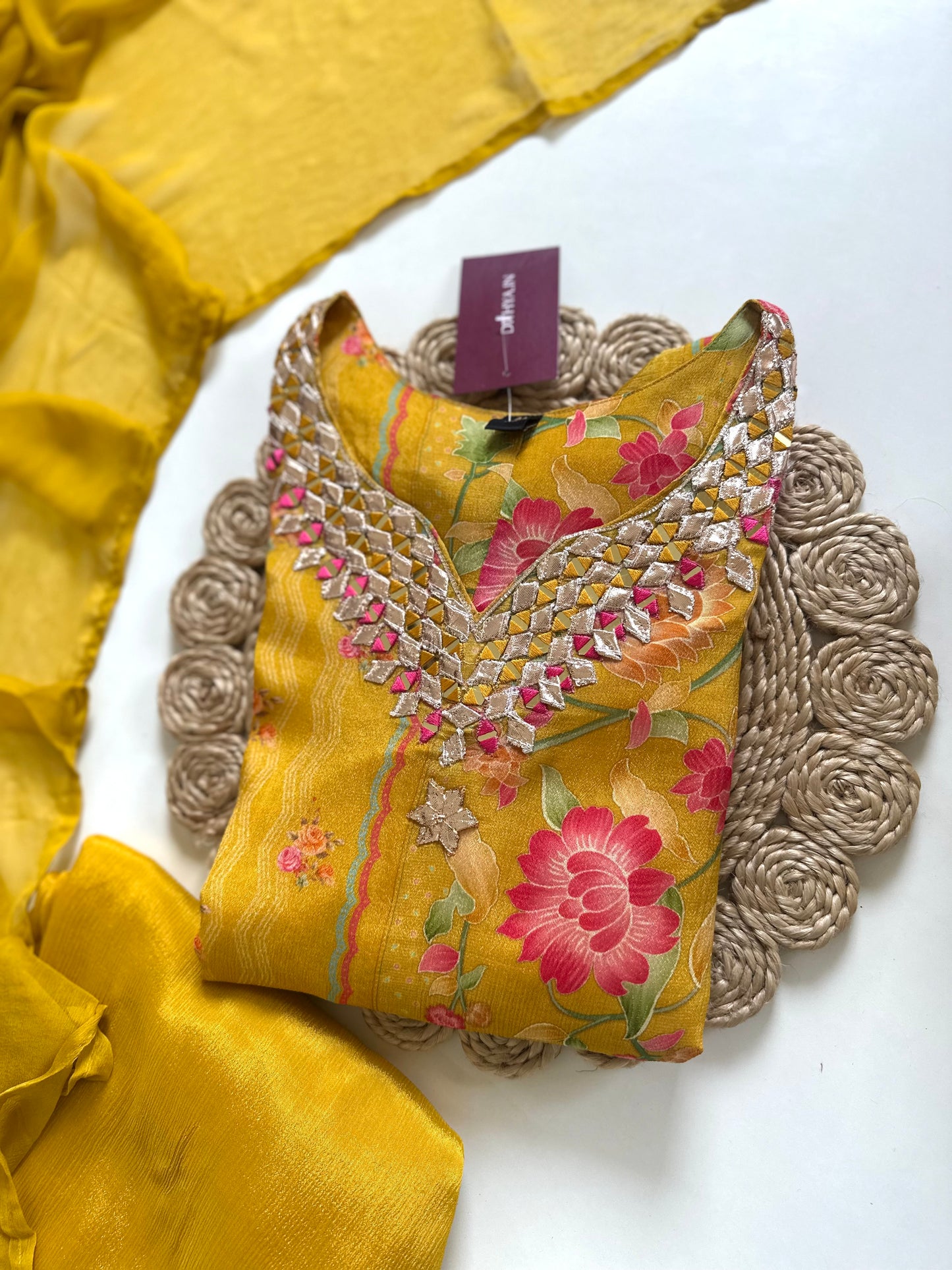 K239 - Chinnon Floral Gota work kurti with palazzo and dupatta.