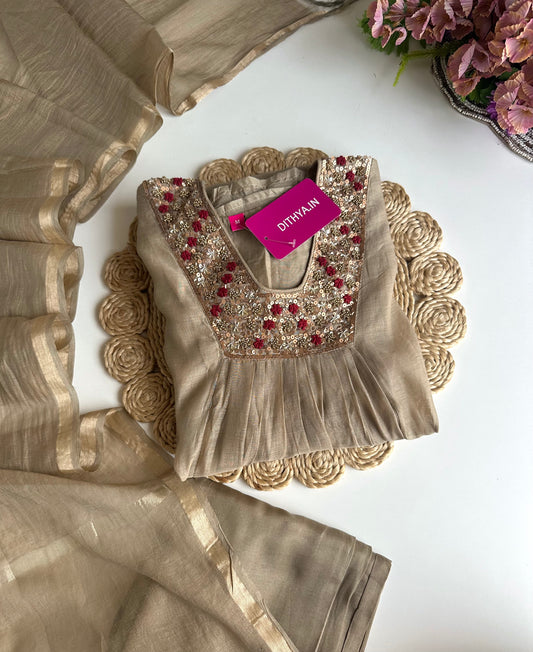 K347 - Mul Chanderi handwork Anarkali with pants and dupatta