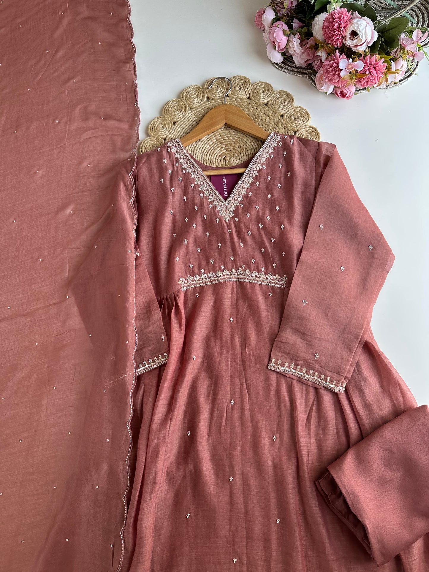 K092 - Mul Chanderi handwork Aline Kurti with pants and dupatta