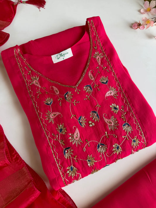 K298 - Surat Mul chanderi handwork Anarkali with pants and dupatta