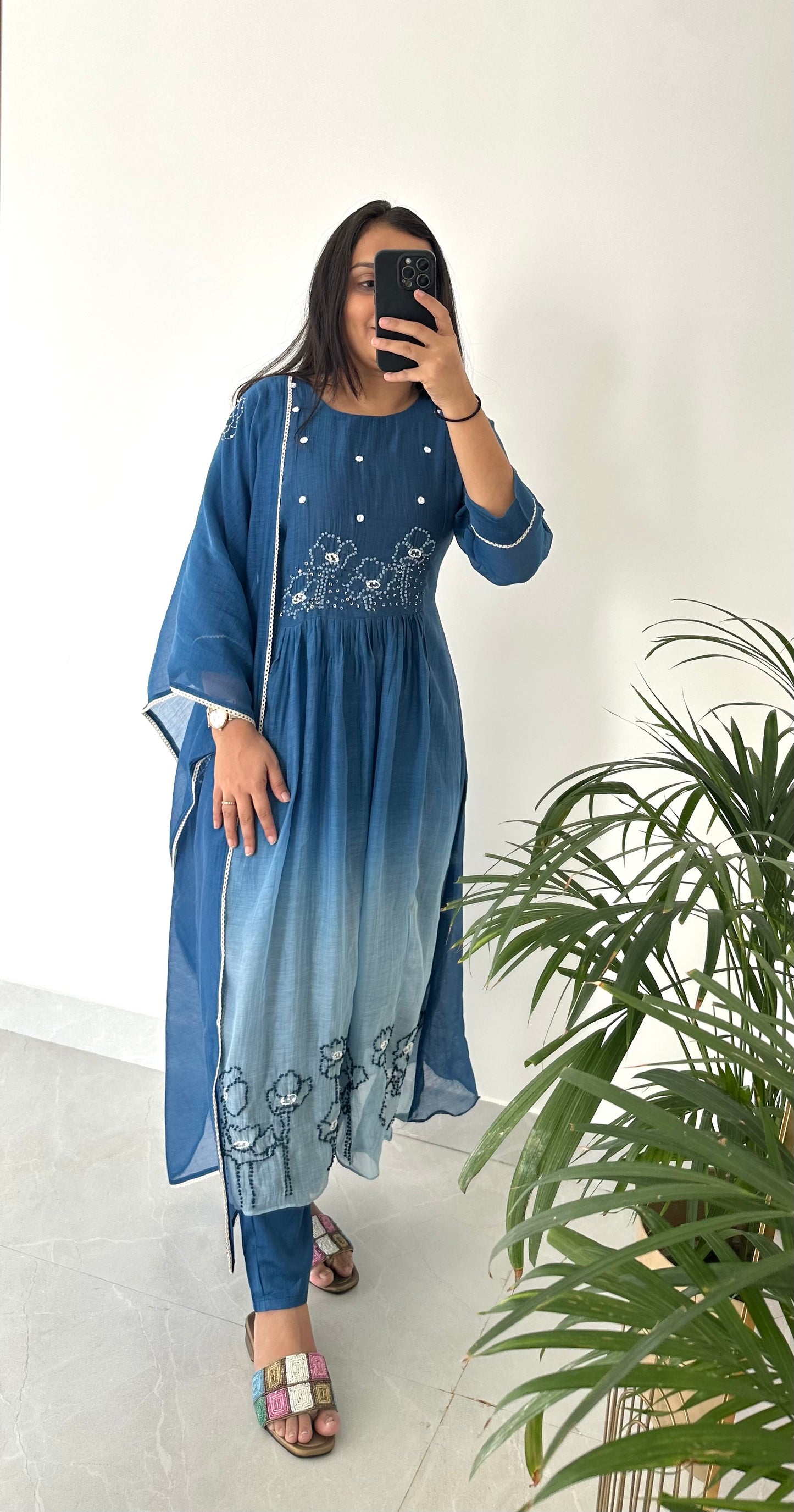 K226 - Mul Chanderi embroidered Aline Kurti with pants and dupatta