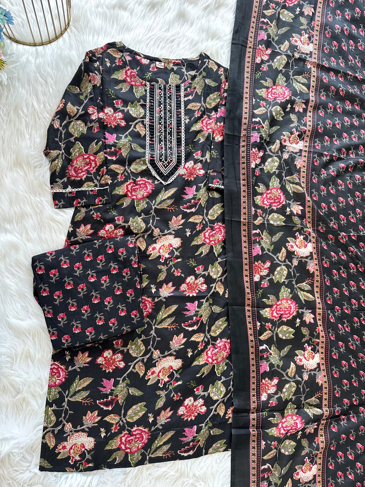 K392 - Cotton printed straight kurti with pants and dupatta