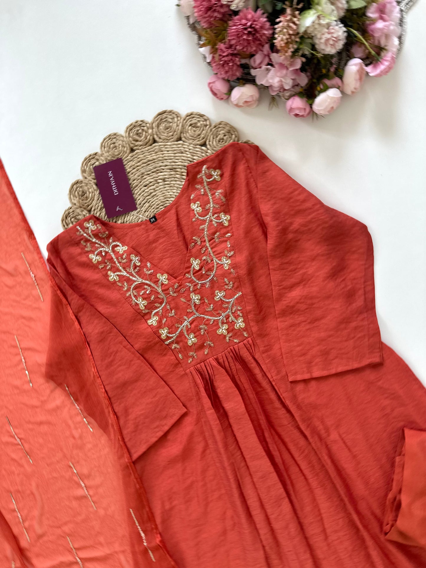 K056 - Mul Rayon handwork Anarkali with pants and dupatta in 2 colours