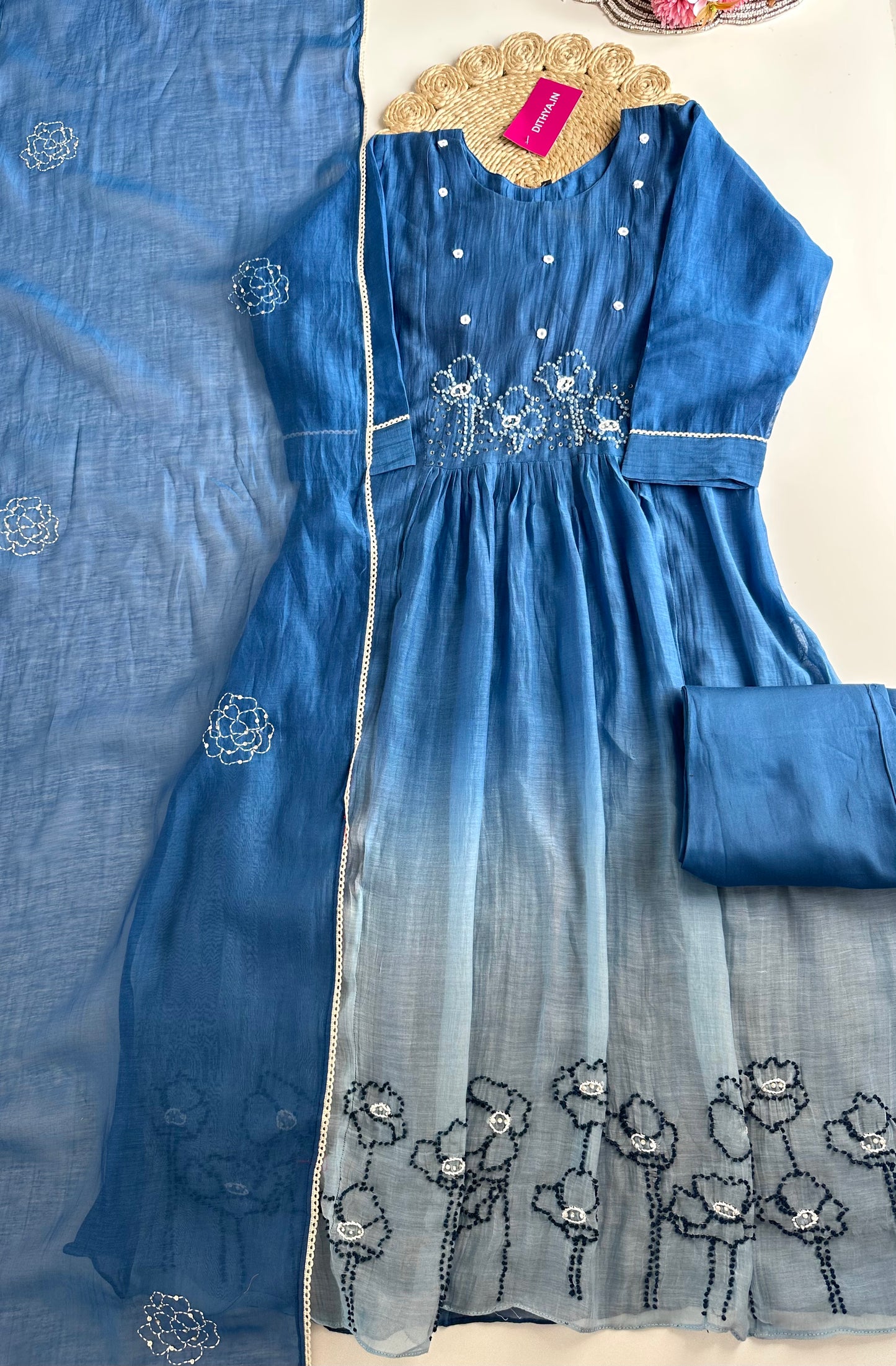 K226 - Mul Chanderi embroidered Aline Kurti with pants and dupatta