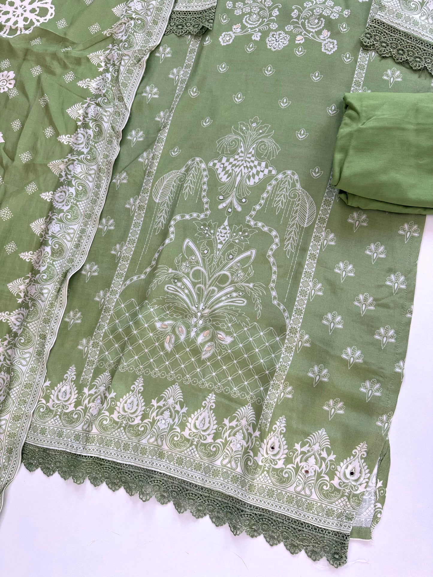K119 - Crepe Printed mirror work straight Kurti with pants and dupatta