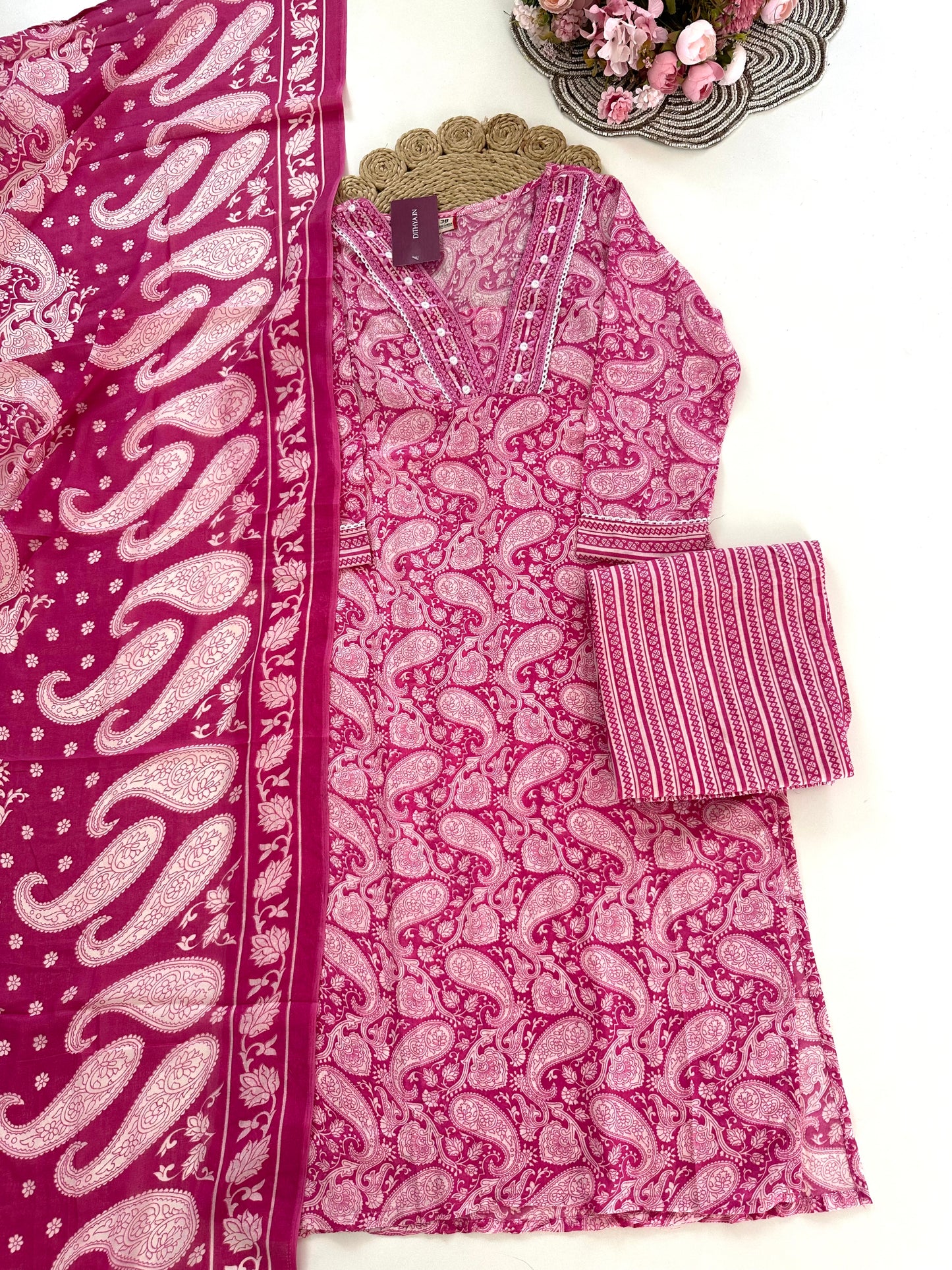 K014 - Cotton floral straight Kurti with pants and dupatta in 4 colours