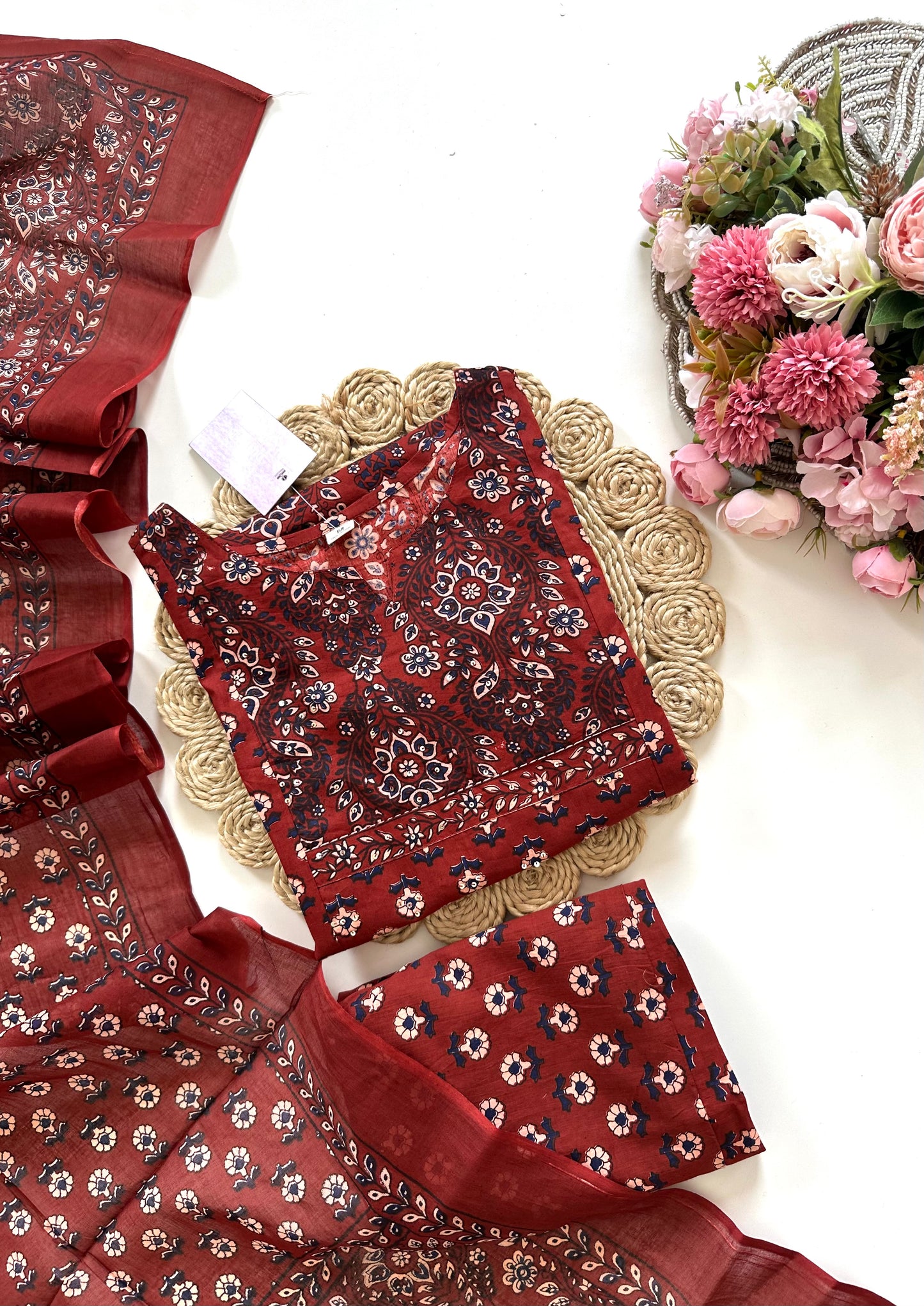 K201 - Cotton printed Straight Kurti with pants and dupatta in 2 colours