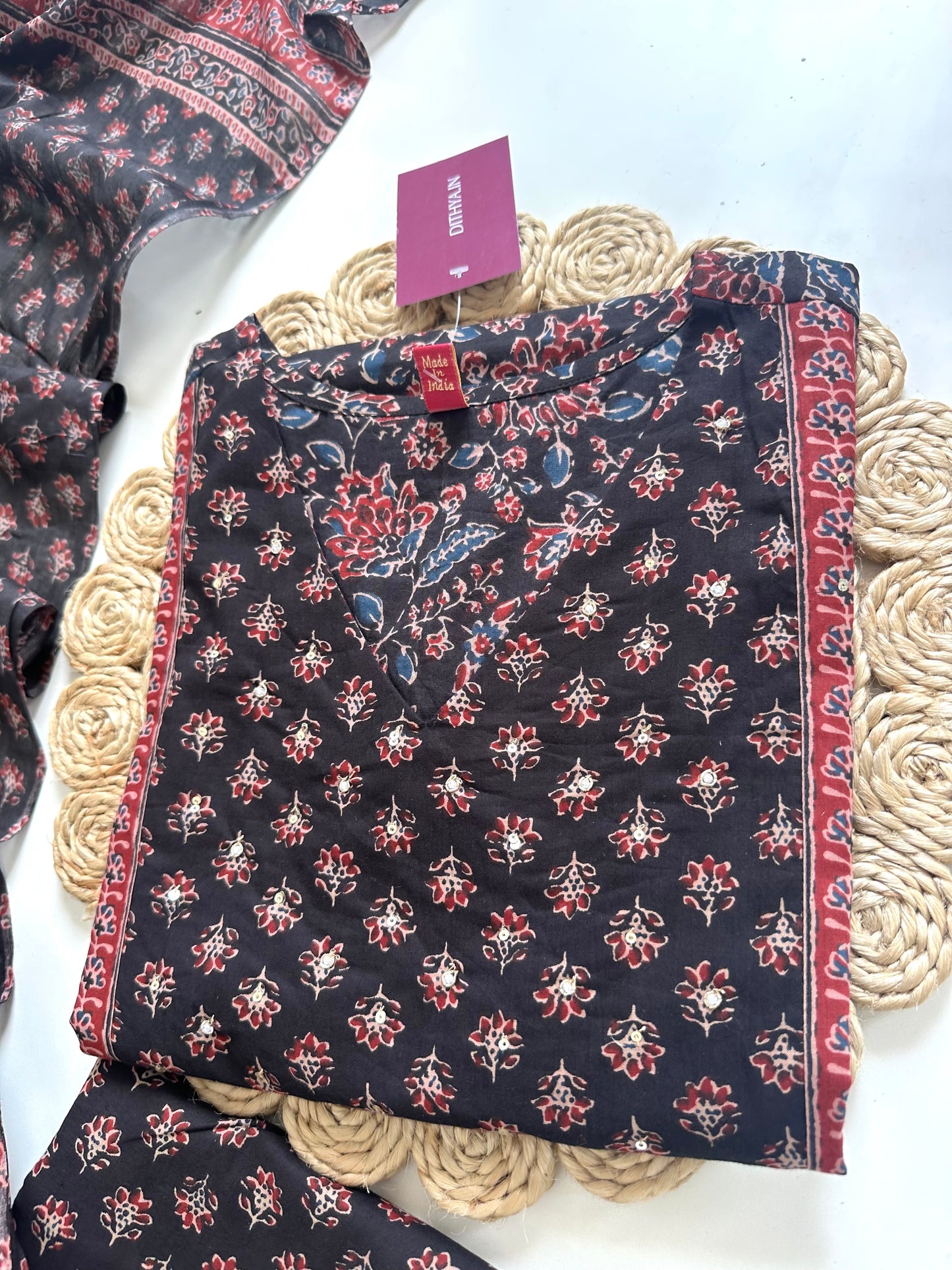 K015 - Cotton printed straight kurti with pants and dupatta.
