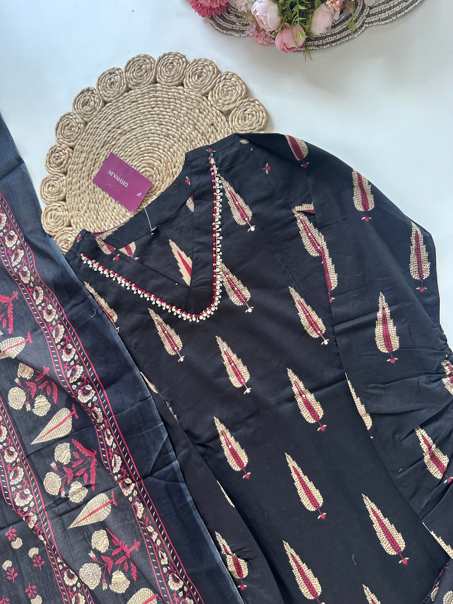 K234 - Cotton printed straight kurti with pants and dupatta.