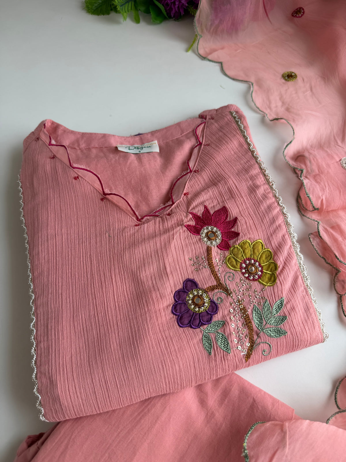 K539 - Crushed mul Chanderi embroidered Aline Kurti with pants and dupatta