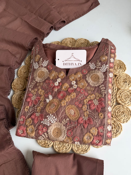 K657 - Mul cotton embroidered straight Kurti with pants and dupatta